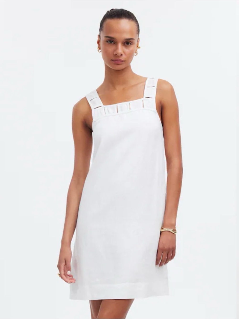 Madewell Embroidered Tank Mini Dress Linen Eyelet White Size 6 side zip